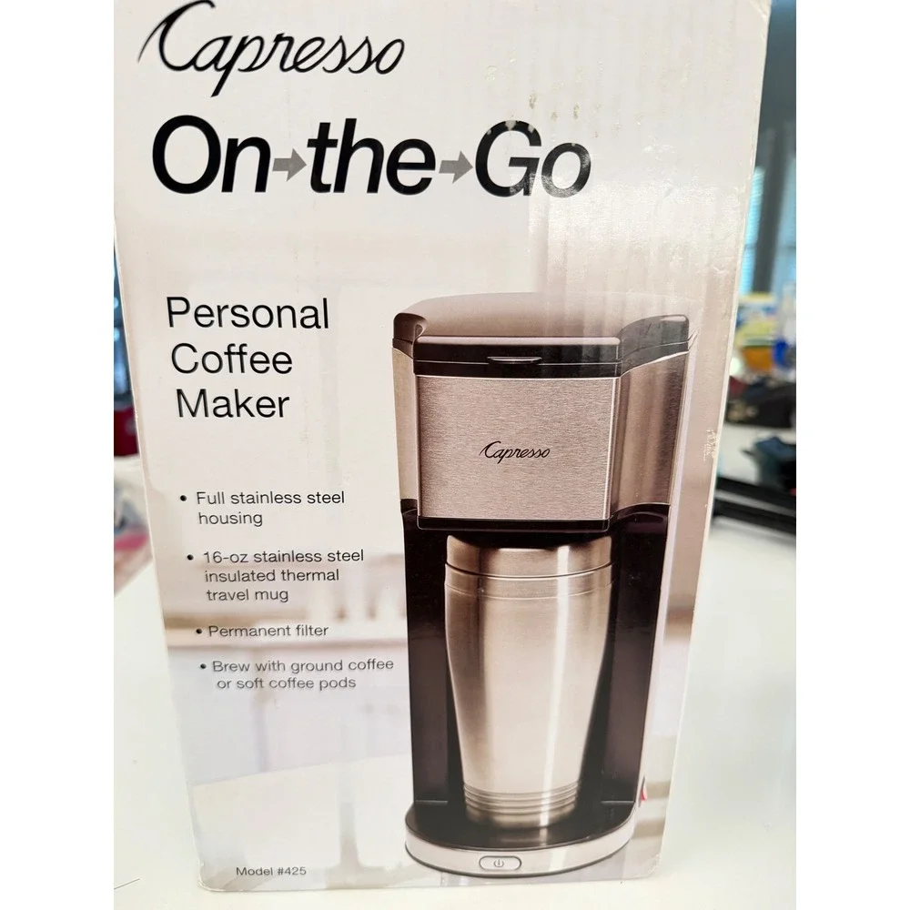 Capresso On-the-Go Personal Coffee Maker Stainless Steel Model 425 Travel Mug